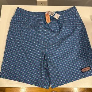 Hanna Andersson Blue and Pink Board Shorts with Geometric Pattern